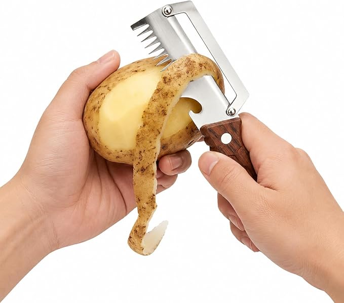 2Pack 3-in-1 Vegetable Peeler with Faux Wood Handle, Stainless Steel Julienne Peeler & Scallion Shredder with Built-In Bottle Opener, Kitchen Peeler for Potato, Carrot, Cucumber, Apple & Fruits