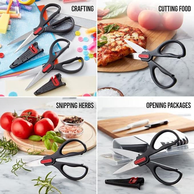 Farberware 2-Piece Kitchen Shears Set with Self-Sharpening Edgekeeper Sheaths, High Carbon Stainless Steel All-Purpose and Utility Scissors for Food, Poultry, Herbs, and More
