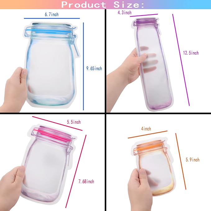 81 Pcs Reusable Mason Jar Food Storage Plastic Bags - Multi-Size Fresh Leak Proof Sandwich Snack Zipper Bags With Chalkboard Label Sticker and Silicone Funnel for Kitchen, Camping, Travel, Office