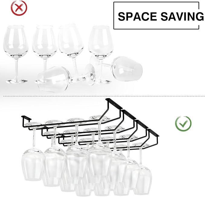 FOMANSH 14-Inch Wine Glass Holder - Under Cabinet Metal Stemware Rack for Kitchen Bar - Single Rail Hanging Storage Hanger, Set of 2