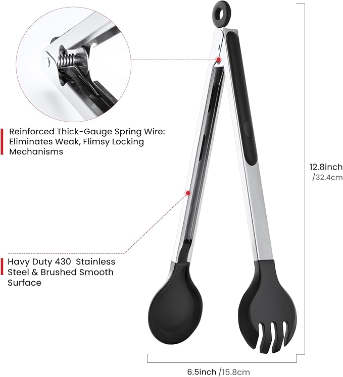 12 Inch Kitchen Tongs for Cooking, 600ºF Heat Resistant 2-in-1 Cooking Tongs with Silicone Tip & Measure Spoon Pasta Tongs Spaghetti Tongs for Tossing Salad, Serving Food, Non-Stick (12"-Round Head)