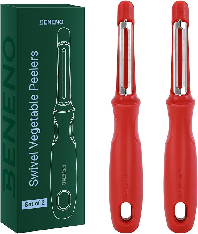 Beneno Swivel Vegetable Peeler, Razor-Sharp Smooth Peeling Potato Peelers with Stainless Steel Blades, Ergonomic Comfort Non-Slip Rubber Handle, Kitchen Peelers with Potato Eye Remover (2, Red)