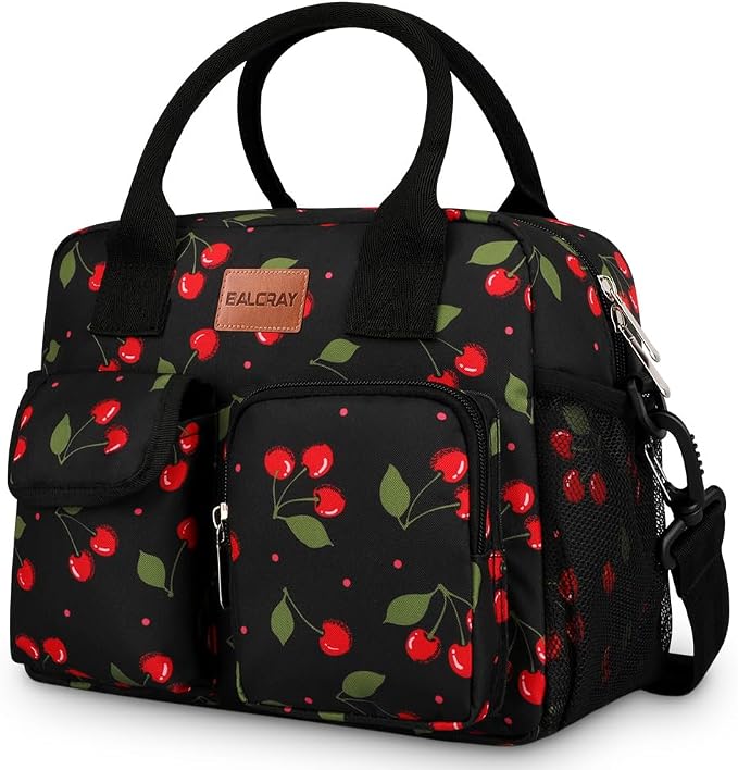 BALORAY Lunch Bag for Women Men Insulated Lunch Box for Adult Reusable Lunch Tote Bag for Work, Picnic or Travel (Cherry with strap,L)