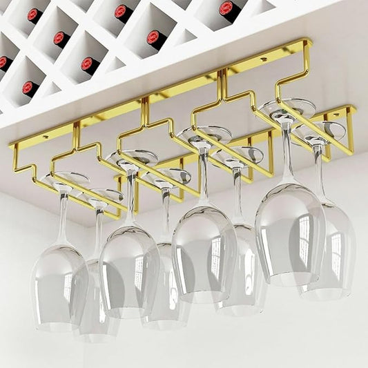 Wcxixo Gold Wine Glass Rack Under Cabinet Cup Storage Rack Wall Mounted Stemware Rack Wine Cup Hanging Shelf Display Stand for Red Wine Glass Champagne Glass Cocktail Glass