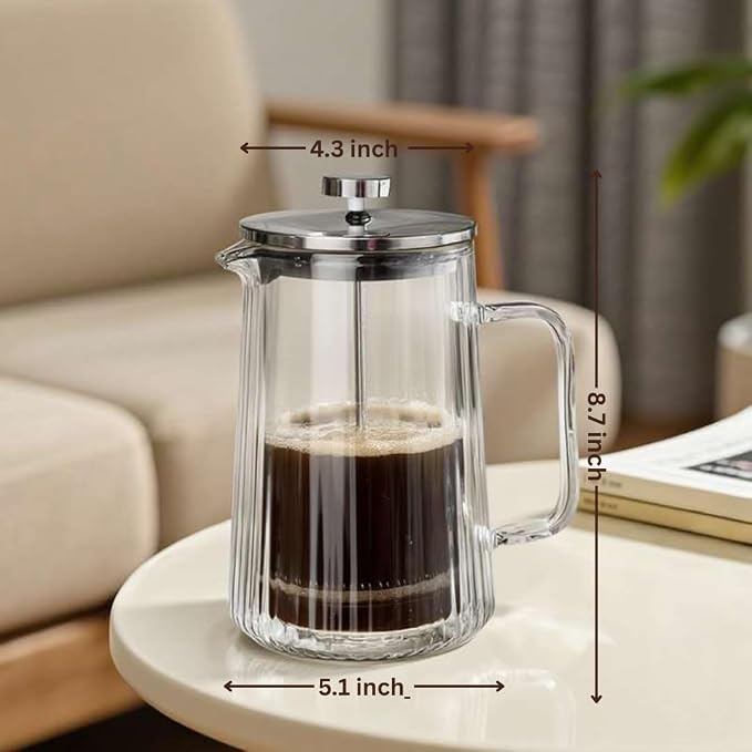 French Press Coffee Maker – Double-Wall Borosilicate Glass | Ribbed Manual Brewer with Stainless Steel Mesh Filter for Hot & Cold Coffee or Tea (34oz /1000ml)