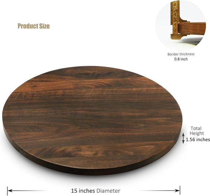 15 Inches Black Walnut Wood Lazy Susan, Solid Wooden Round Kitchen Turntable Rotating Tray