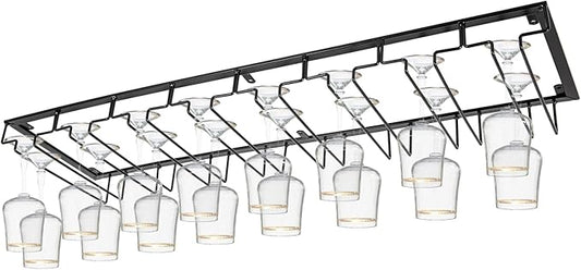CNCEST Wine Glass Rack Under Cabinet, 8 Row Extreme Large Stemware Hanger, Metal Wine Glass, DIY Bar Glass Storage Rack Holder (80cm-Black)