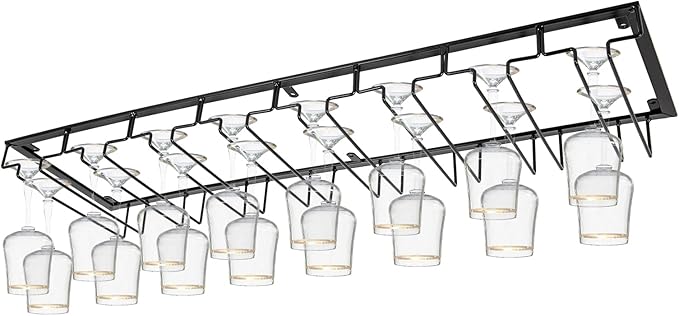 16 Wine Glasses Rack Holder Hanging Metal Storage Shelf Wall-Mounted Cup Holder Upside Down Hanging Under Cabinet Wine Glass Iron Holder Rack For Bar Kitchen (Black)