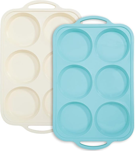 Nonstick Silicone Muffin Top Pan: 4 Inch Jumbo Silicone Egg Molds with Metal Frame for Baking Breakfast Sandwiches/English Muffins Egg Bites Hamburger Buns - for Oven Housewife (Beige& Mint Green)