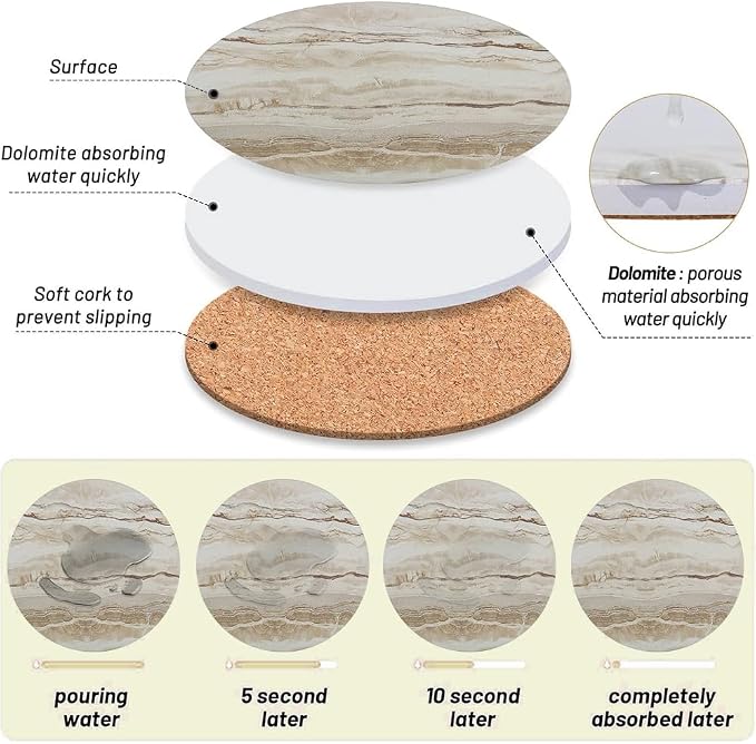 Ceramic Coasters Set of 8, Marble-Textured Design with Holder - Absorbent Cork-Backed Coasters for Cups, Bar & Coffee Table Decor Accessories (Khaki Marble, 8 Pack-Thin)