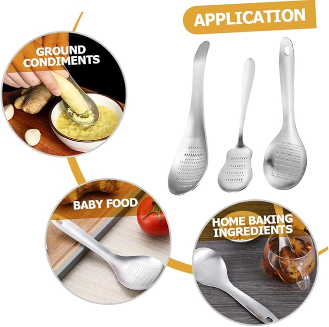Stainless Steel Multi-Function Ginger Garlic Spoon Shaped Food Mincer for Kitchen Seasoning Baby Food Prep 8.46X2.75X0.39In 3-Pack