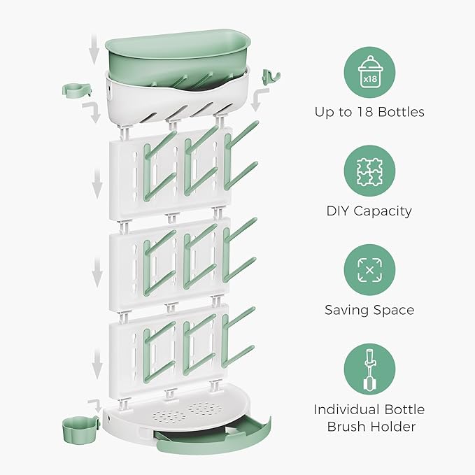 Momcozy Baby Bottle Drying Rack for 18 Bottles, Space Saving Countertop Vertical Rack for Baby Accessories & Pump Parts, Detachable Travel Drying Rack with Brush Holder