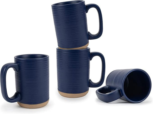 Elanze Designs Tall Ribbed Raw Clay Bottom Navy Blue 16 ounce Ceramic Coffee Mugs Set of 4