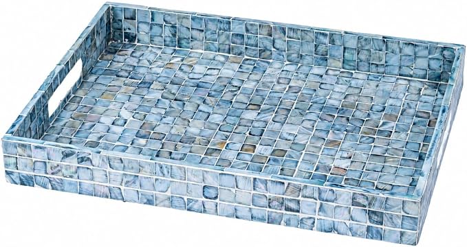 PEMAR Rectangular Mother of Pearl Serving Tray Nacre Wood Lap Ottoman Tray for Coffee Table, Luxury Decorative Handmade Eating Platters w Insert Handles (Blue)