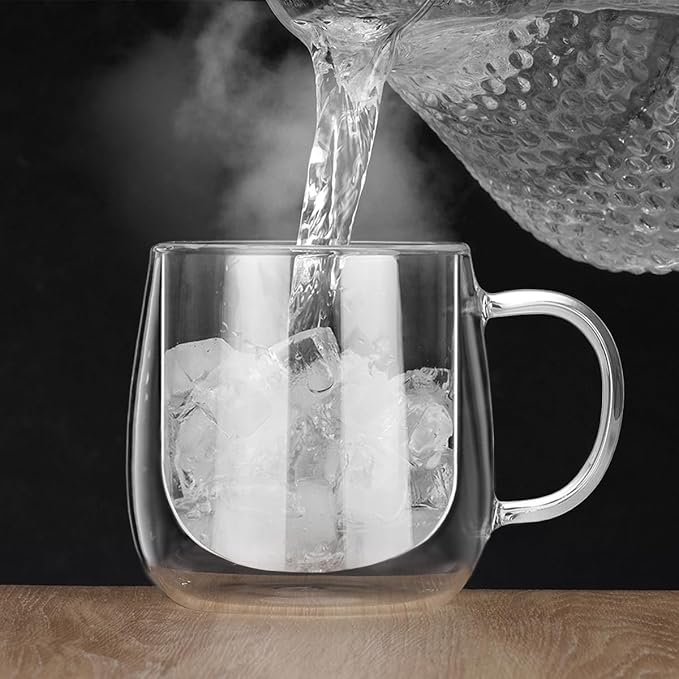 Large Double Walled Glass Coffee Mugs Beer Cups 24oz set of 2, Insulated Clear Borosilicate Glass Tea Lemonade Cups with Handle