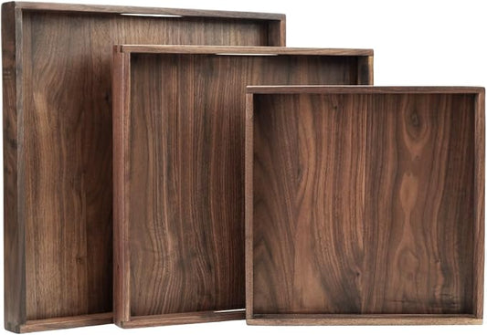 Set of 3 Large Square Solid Black Walnut Wood Ottoman Tray with Handles, Serve Tea, Coffee, Classic Wooden Decorative Serving Tray, 16+14+12