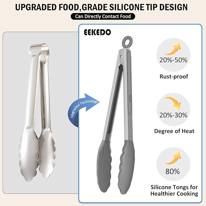 Kitchen Tongs, Stainless Steel Cooking Tongs with Silicone Tips, 600ºF High Heat-Resistant Non Scratch Locking Tongs for Cooking BBQ Grilling Air Fryer Pans, Set of 3(7" 9" and 12") Light Grey