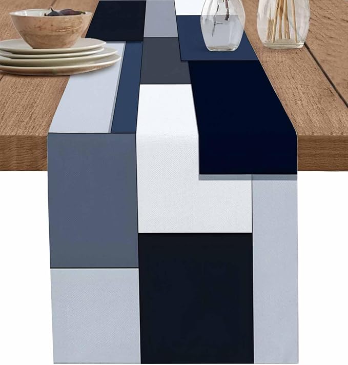 Modern Black White Table Runner 90 Inch Long Dresser Scarves Abstract Grey Blue Cotton Linen Tablerunners Patchwork Geometric Dining Kitchen Burlap Table Setting Decor for Party Holiday Home, 13"x90"