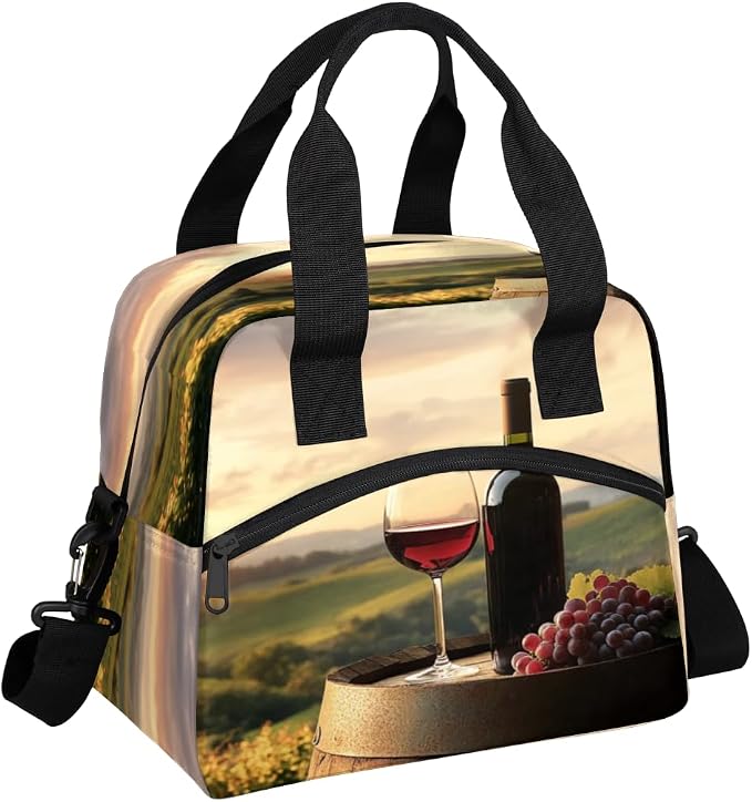 Wine Field Pattern Insulated Lunch Bag for Women Men Reusable Lunch Box Cooler Bag Large Leakproof Lunch Tote with Adjustable Shoulder Strap for Adult Work Picnic Camping Beach Office