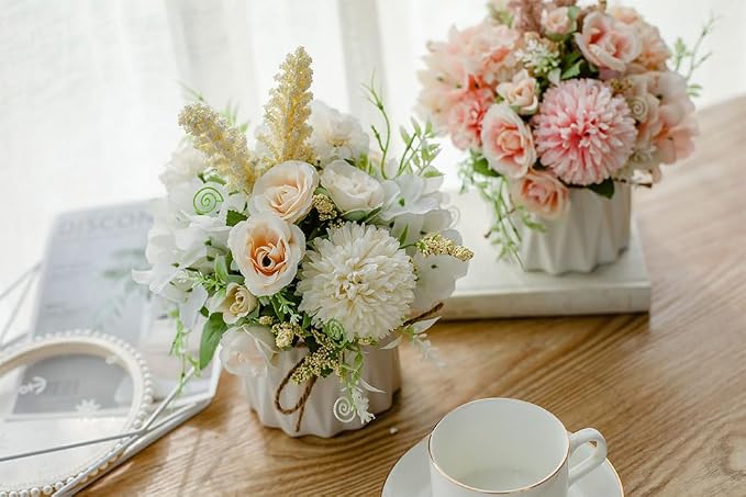 TKAS Artificial Faux Silk Fake Flowers Arrangement, Small Realistic Roses & Hydrangea in Ceramic Vase, Dining Table Centerpiece for Wedding Party Home Decoration (White)