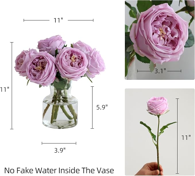 Fake Austin Rose Peonies Flowers with Vase, Clear Glass Vase with Purple Real Touch Peonies Artificial Flowers,Faux Flower Arrangements for Dining Table Centerpiece Decor