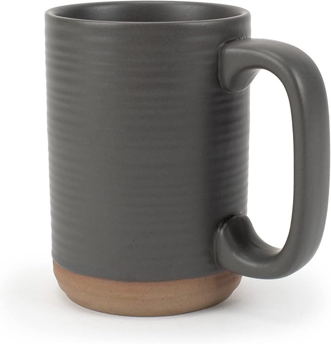 Elanze Designs Tall Ribbed Raw Clay Bottom Grey 16 ounce Ceramic Coffee Mugs Set of 4