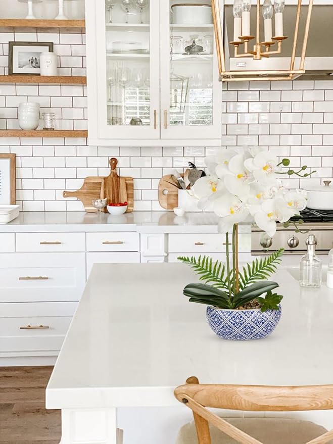 Oairse White Orchids Artificial Flowers in Pot 16.1" Faux Orchids Plant in Blue and White Pot Real Touch Fake Phalaenopsis Flower Arrangement Dinner Table Centerpiece for Dining Room Bathroom Decor