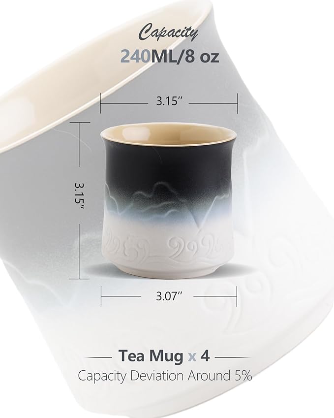 ZENS Japanese Tea Cup Set of 4, 8 oz Gradient Embossed Ceramic Japan Tea Cups - Matcha Tea, Handles FREE, Traditional Asian Cups for Gongfu Tea in Black & White