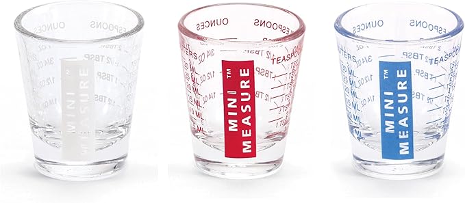 Kolder Mini Measure Multi-Purpose Shot Glass, Heavyweight Glass, Patriotic Red White And Blue, 3-Piece Set, For Liquid And Dry Ingredients And Precise Recipe Prep
