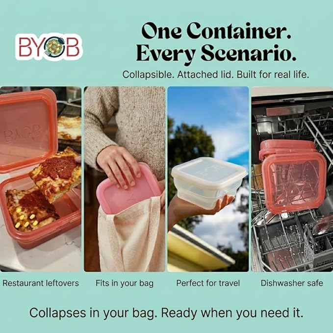 BYOB Collapsible Silicone Food Containers with Attached Lids – Reusable To-Go & Leftover Containers, Platinum Silicone, Leak-Resistant – 2 Pack (White Containers)