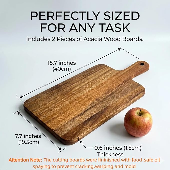 Acacia Wood Cutting Board with Handle 2 Piece Set, 15.8''x7.7'' Large Wooden Charcuterie Boards for Kitchen, Multipurpose Chopping Board for Meat, Cheese, Bread, Pizza & Fruit