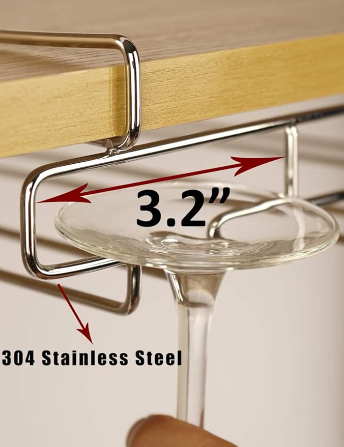 Wine Glass Holder - 2 Rows Stemware Rack Under Cabinet - 304 Stainless Steel Hanger Storage Shelf, Fit for The Cabinet 0.8“ or Less