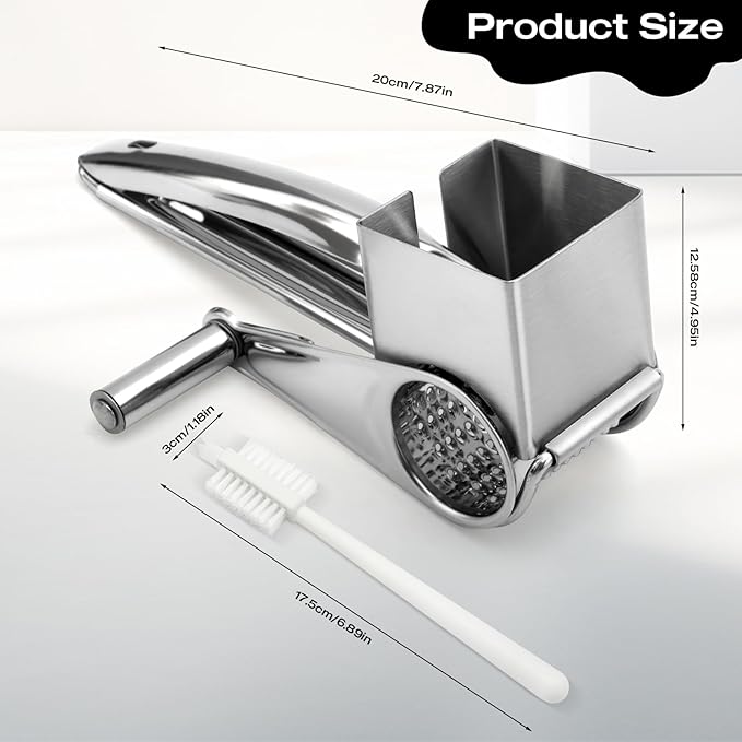 Stainless Steel Rotary Cheese Grater - Handheld Manual Food Shredder with Hand Crank for Hard Cheese, Chocolate and Vegetables, Dishwasher Safe