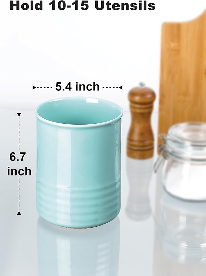 ABRUTY Utensil Holder, 6.7" Ceramic Kitchen Utensil Crock for Countertop Cooking, Modern Utensil Caddy Jar Organizer for Farmhouse Kitchen Counter Décor, Turquoise
