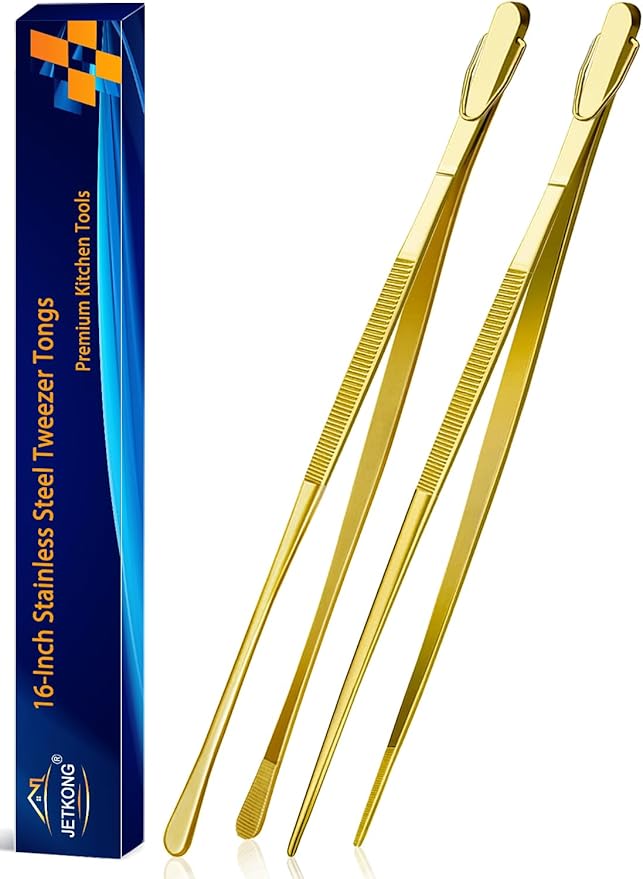 JETKONG 2 Pcs 16-Inch Heavy Duty Cooking Tweezers Extra Large Stainless Steel Food Tweezers Gaint Kitchen Tweezer Tongs (Gold)