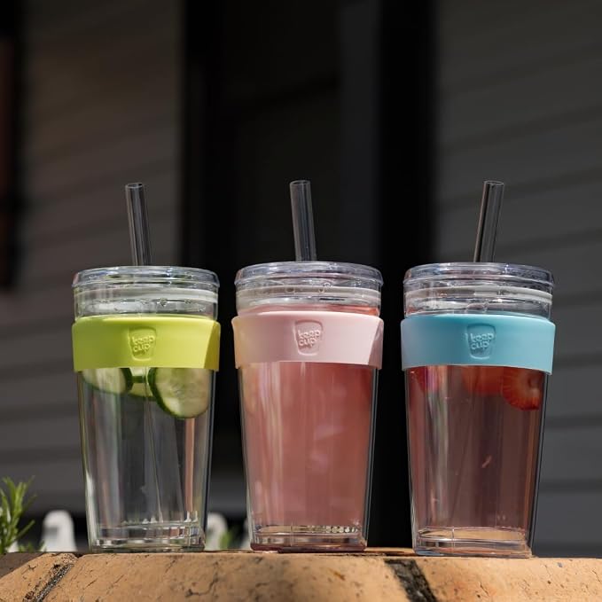 KeepCup Cold Cup - Longplay Double wall Glass Ice Coffee Tumbler with Lid and Straw - 16oz (454ml) - Cloud