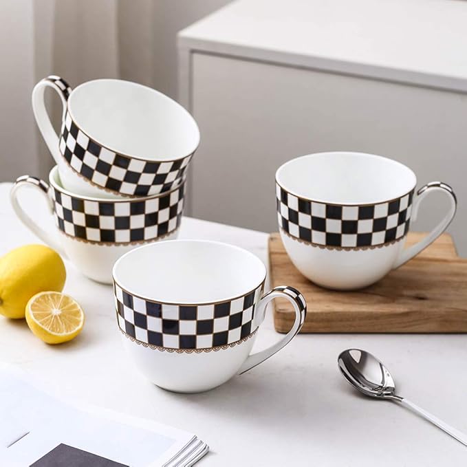 Porlien Checker Pattern 23-ounce Large Soup Bowls, Large Soup Mugs with Handles, Porcelain Cereal Bowls Set of 4