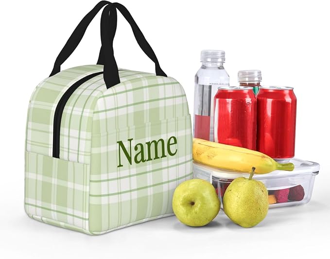 Custom Lunch Bag Pastel Green Buffalo Check Plaid Personalized Insulated Lunch Box with Name Reusable Cooler Tote for Adults Student Girl Boy Work Office School Picnic Over 3 Years Old