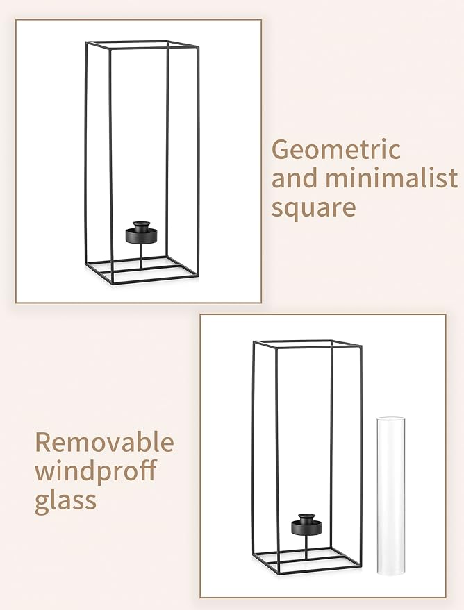 Sziqiqi Hurricane Candlestick Holders Black: Geometric Candle Holder for Taper - Glass Candle Stick Holder for Wedding Minimalist Candleholder Decor for Living Room Outdoor Set of 2