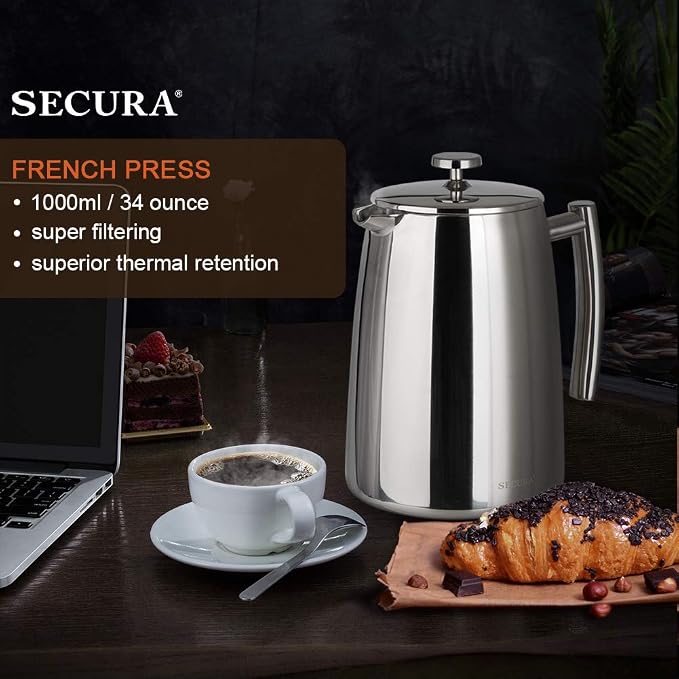Secura French Press Coffee Maker, 34-Ounce, 304 Stainless Steel Insulated Coffee Press with Extra Screen (Pack of 2)