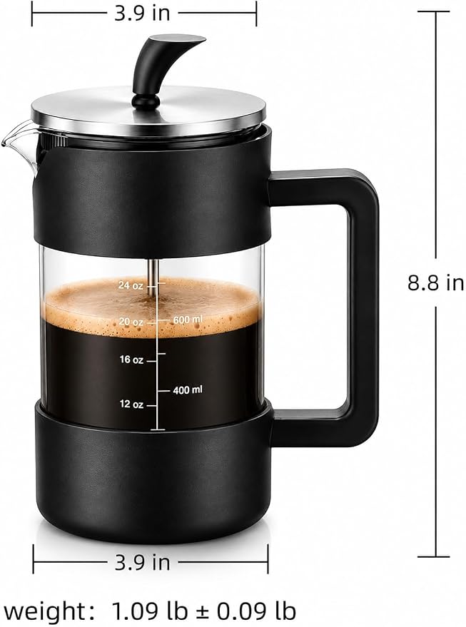 Glass French Press 34oz, Plastic-Free Carafe with Insulated Shell | Easy-Read Measurements, No-Drip Spout, Ergonomic Handle, Brews Hot Coffee, Tea & Cold Brew