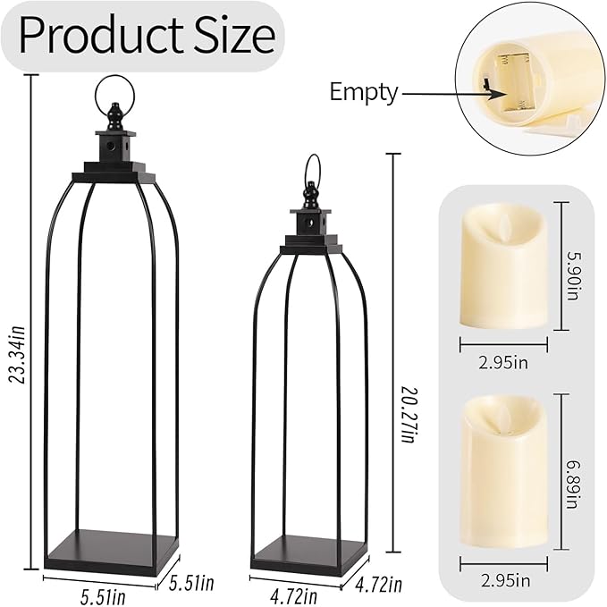 DARJEN 19'' 22'' Decorative Candle Lanterns, Large Farmhouse Decorative Metal Lanterns with 2 Flameless Candles, Black Candle Lanterns for Home Porch Fireplace Decor & Indoor and Outdoor Use