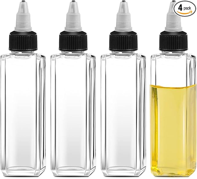 Sliverdew 4 Pcs Oil Squeeze Bottles 3.4 OZ Empty Bottles with Twist Top Cap Plastic Liquid Condiment Container Leak-Proof Dispensing Bottles for Oil Soy Sauce Vinegar Syrup Ketchup