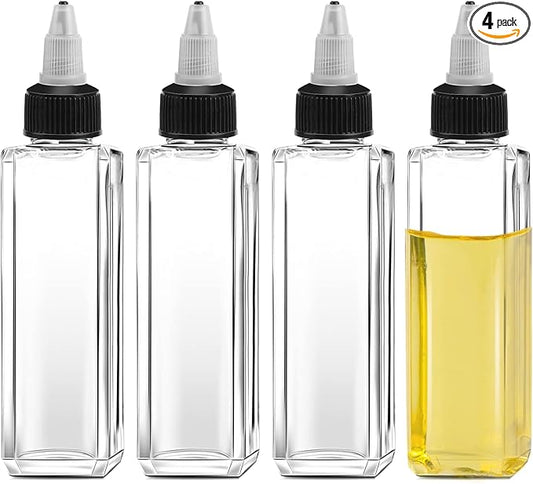 Sliverdew 4 Pcs Oil Squeeze Bottles 3.4 OZ Empty Bottles with Twist Top Cap Plastic Liquid Condiment Container Leak-Proof Dispensing Bottles for Oil Soy Sauce Vinegar Syrup Ketchup