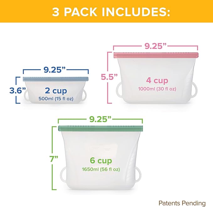 GripStic Steam + Store Bags, Reusable Silicone Bags. Microwave Safe Food Storage Bags for Steaming & Reheating and Storing, BPA Free – Set of 3