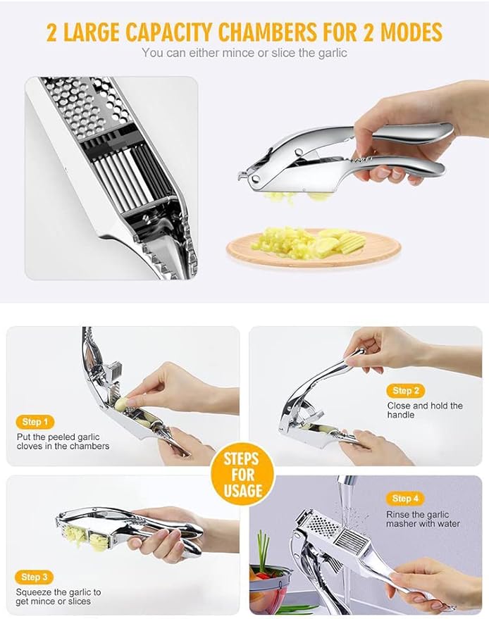 2-in-1 Garlic Press Stainless Steel Garlic Slicer, Silver Garlic Mincer Handheld Garlic Crusher, Easy to Clean and Squeeze Garlic Masher, Dishwasher Safe