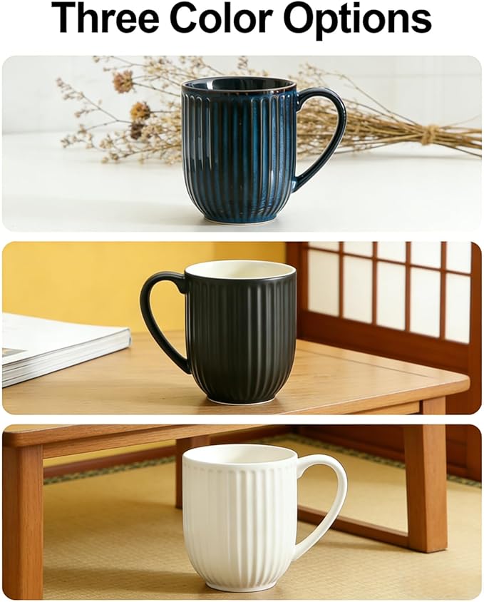 HASENSE 20 Oz Large Ceramic Coffee Mug, Ribbed Textured Tea Cup with Big Easy Grip Handle, Microwave & Dishwasher Safe, Navy Blue Coffee Cup for Cocoa, Tea, Ideal Housewarming & Wedding Gift