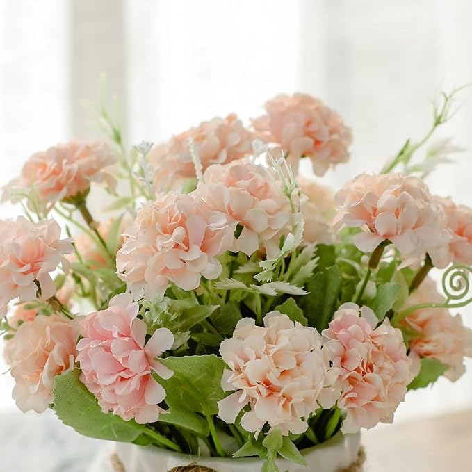 TKAS Fake Flowers Arrangement in Ceramic Vase, Artificial Faux Silk Hydrangea, Small Realistic Dried-Style Floral, Dining Table Centerpiece for Wedding Party Home Decoration (Pink)