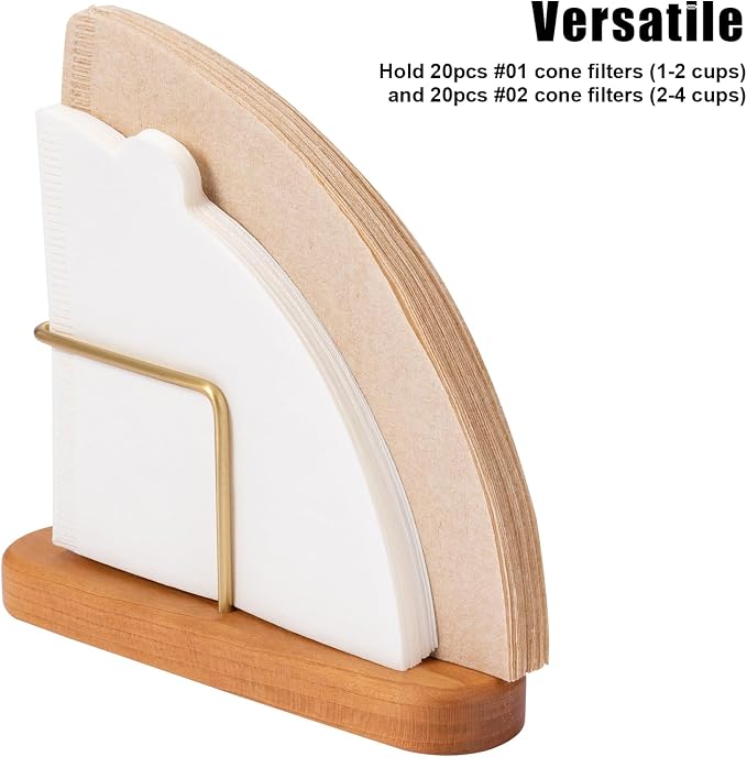 Cone Coffee Filter Holder, Stand Coffee Filter Storage, Coffee Filter Container for V60 Paper Coffee Filters Size #01 and #02, Cherry Wood & Brass