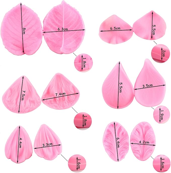 ZiXiang Gumpaste Flower Silicone Veining Mold Rose Veined Fondant Molds Gum Paste Peony Flower Mold Plumeria Daisy Orchid Molds For Sugar Craft Cake Decorating Candy Polymer Clay Set Of 6